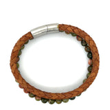 Unakite Bead Brown Leather Bracelet