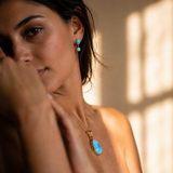 Model wearing  18k gold plated Larimar earrings in sterling silver setting