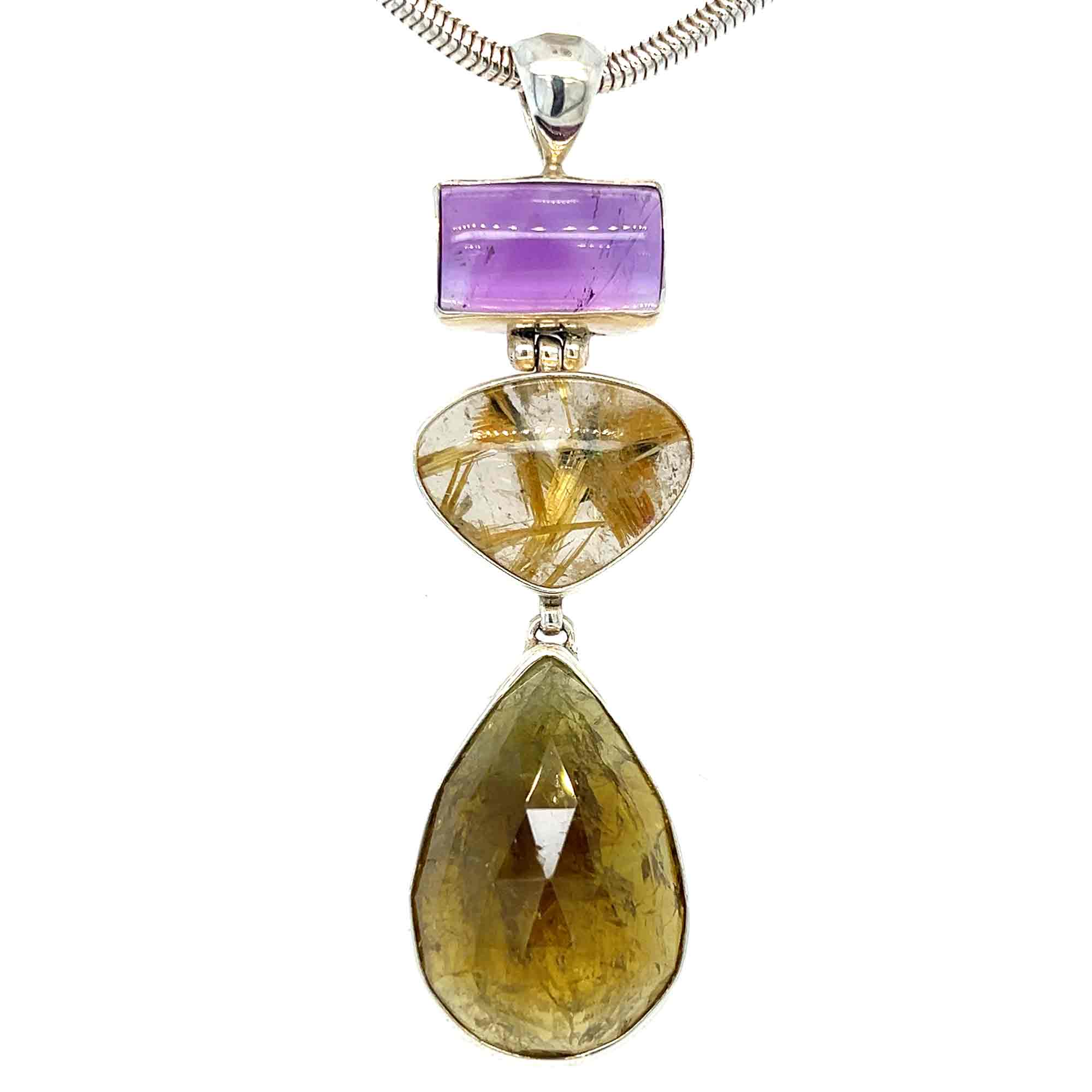 Grossular Garnet Amethyst Rulilated Quartz Necklace