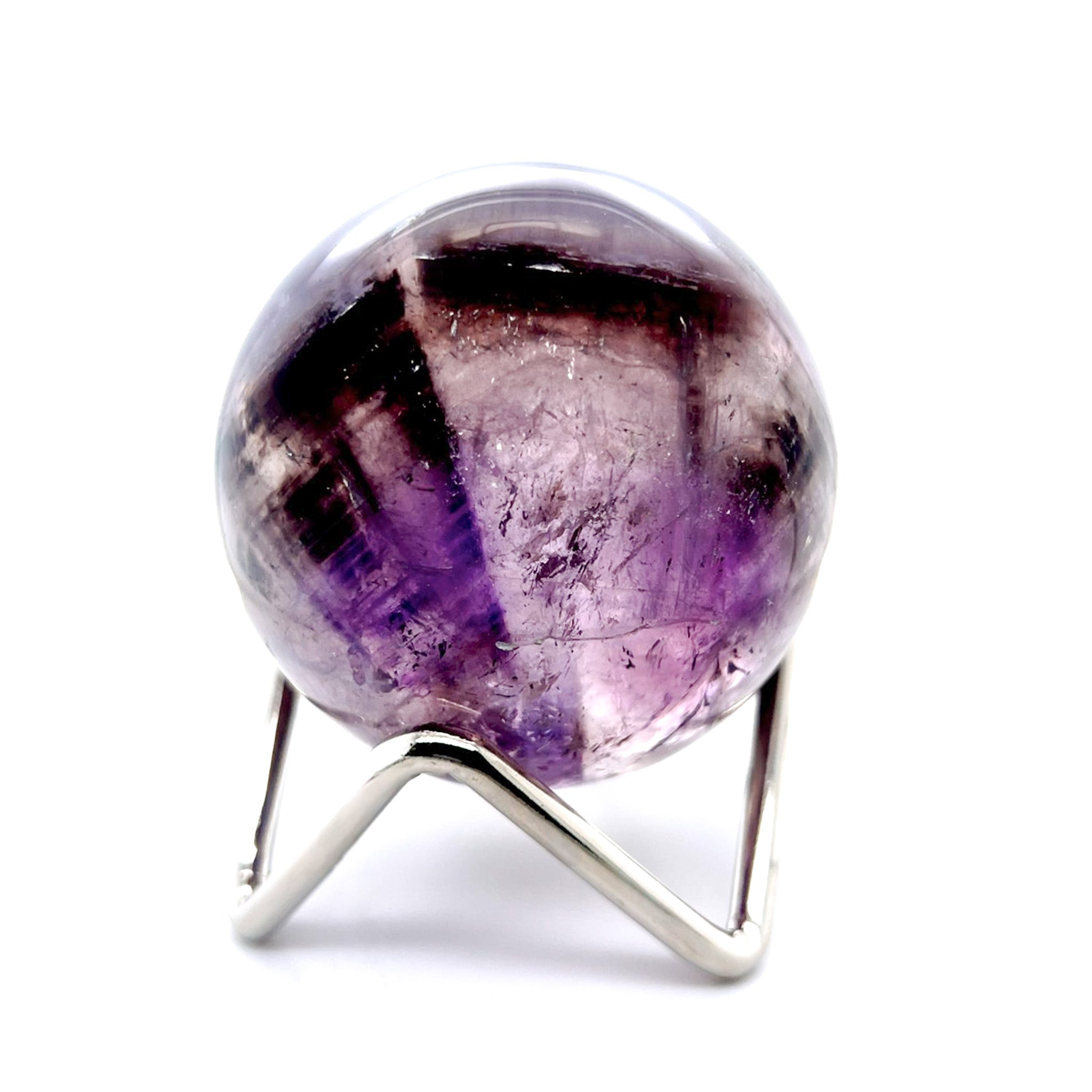 Natural Amethyst purple quartz sphere on stand