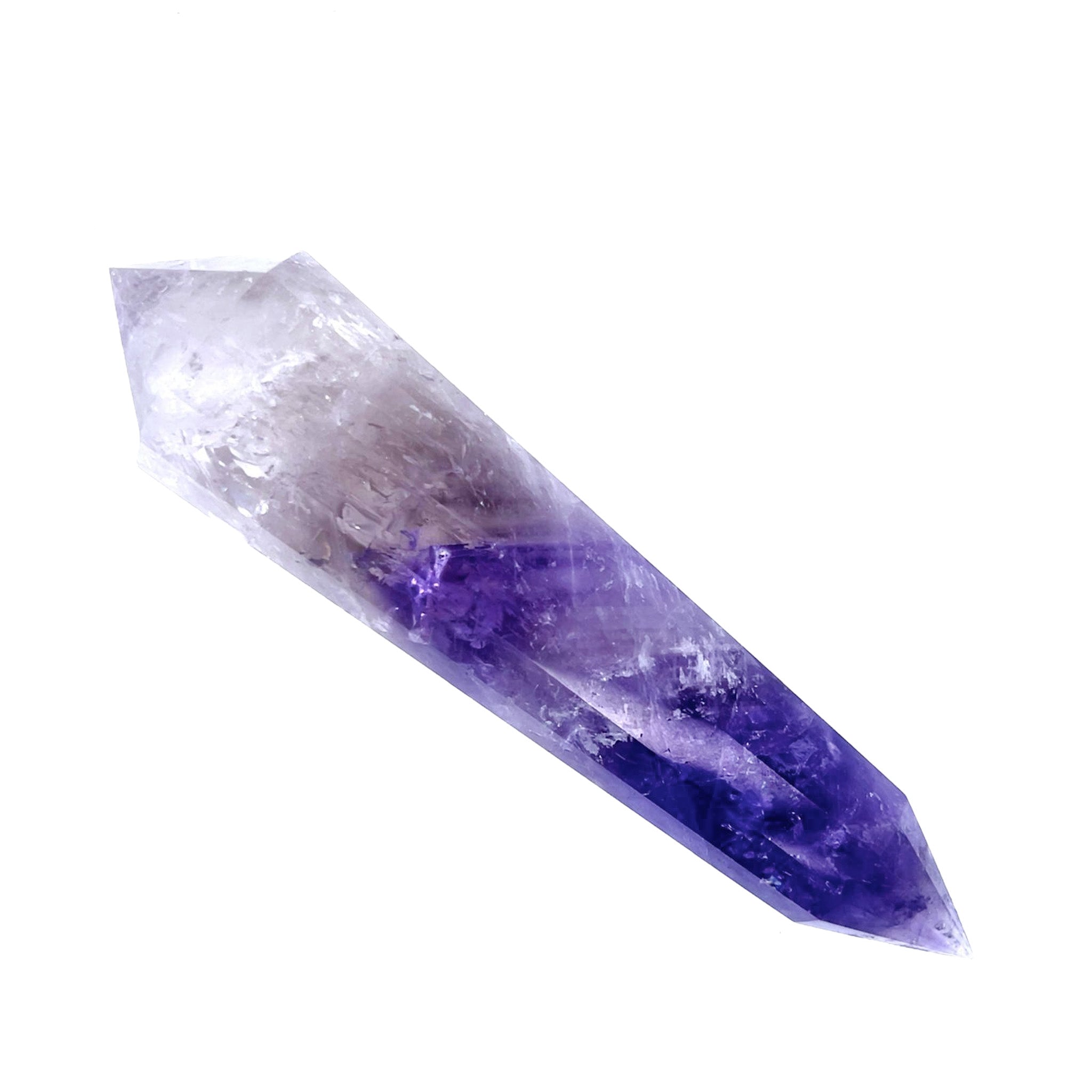 A natural amethyst crystal point with a smooth purple gradient transitioning from clear and pale lavender at the top to a rich violet-purple at the pointed tip, isolated on a solid white background.