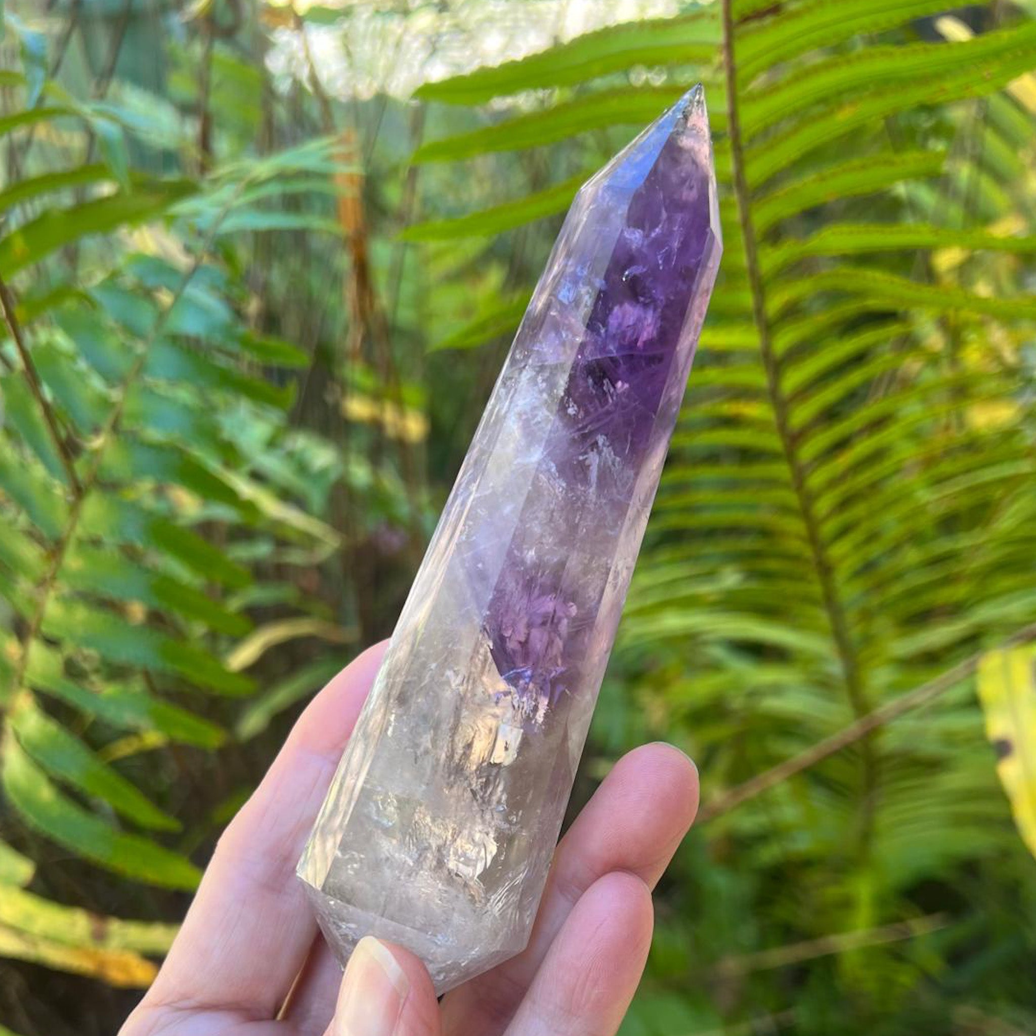 Amethyst and Smoky Quartz Vogel crystal wand