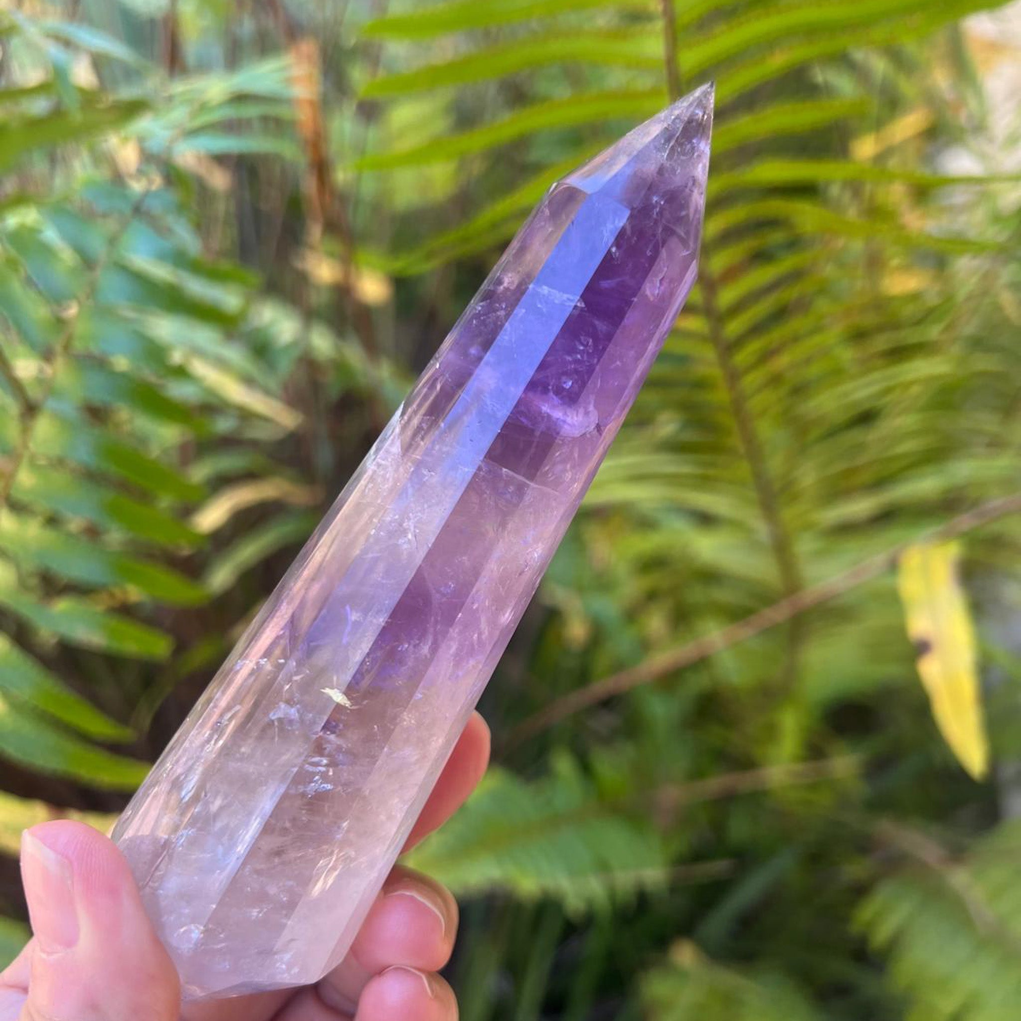 A hand holding a natural amethyst crystal tower point with a smooth purple gradient, set against a blurred background of green fern leaves in natural light. 