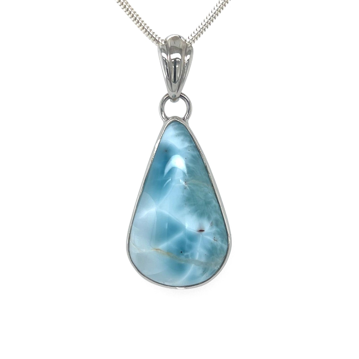 Larimar pear shaped silver pendant with Caribbean-blue natural gemstone