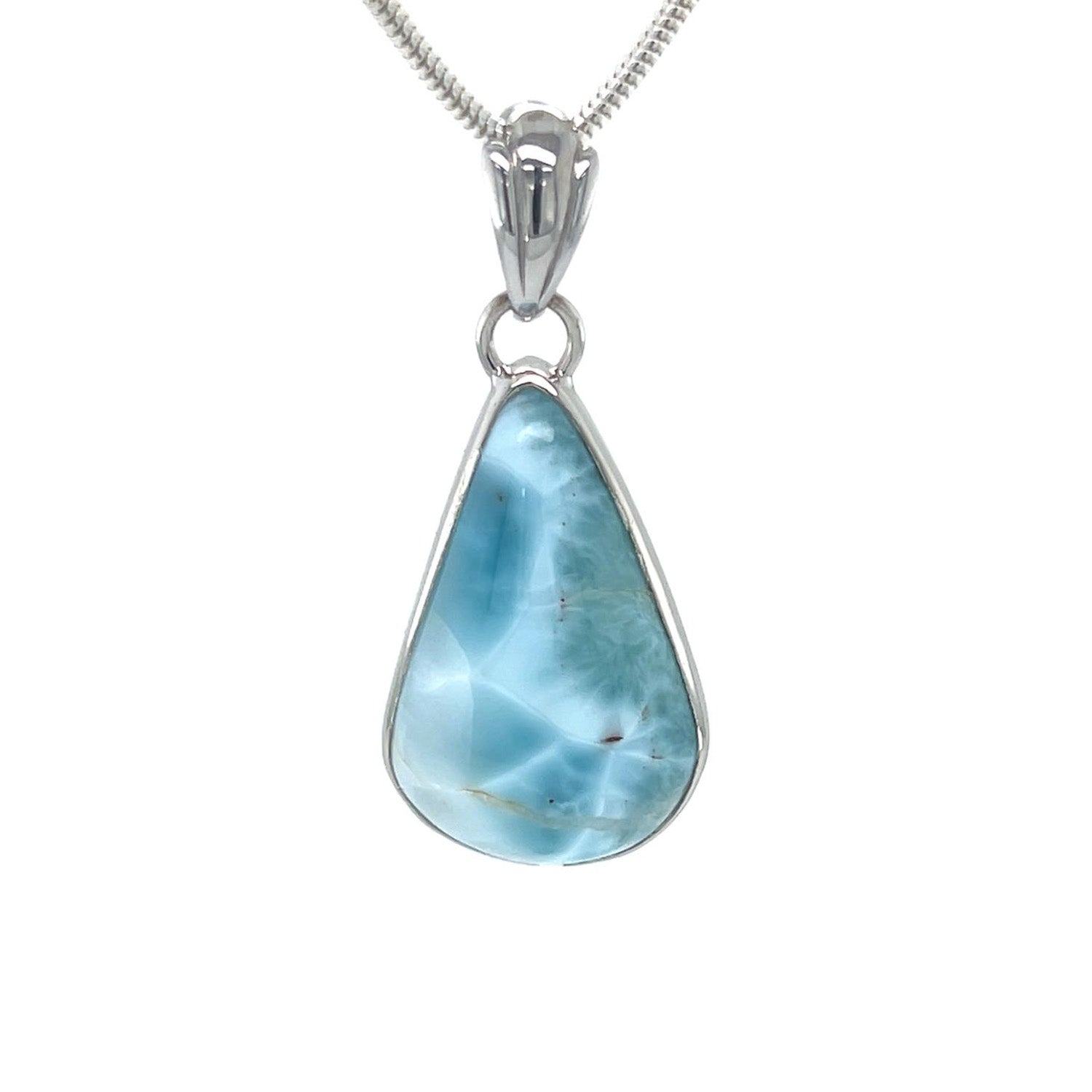 Pear shaped Larimar pendant with ocean-blue colour and white marbling