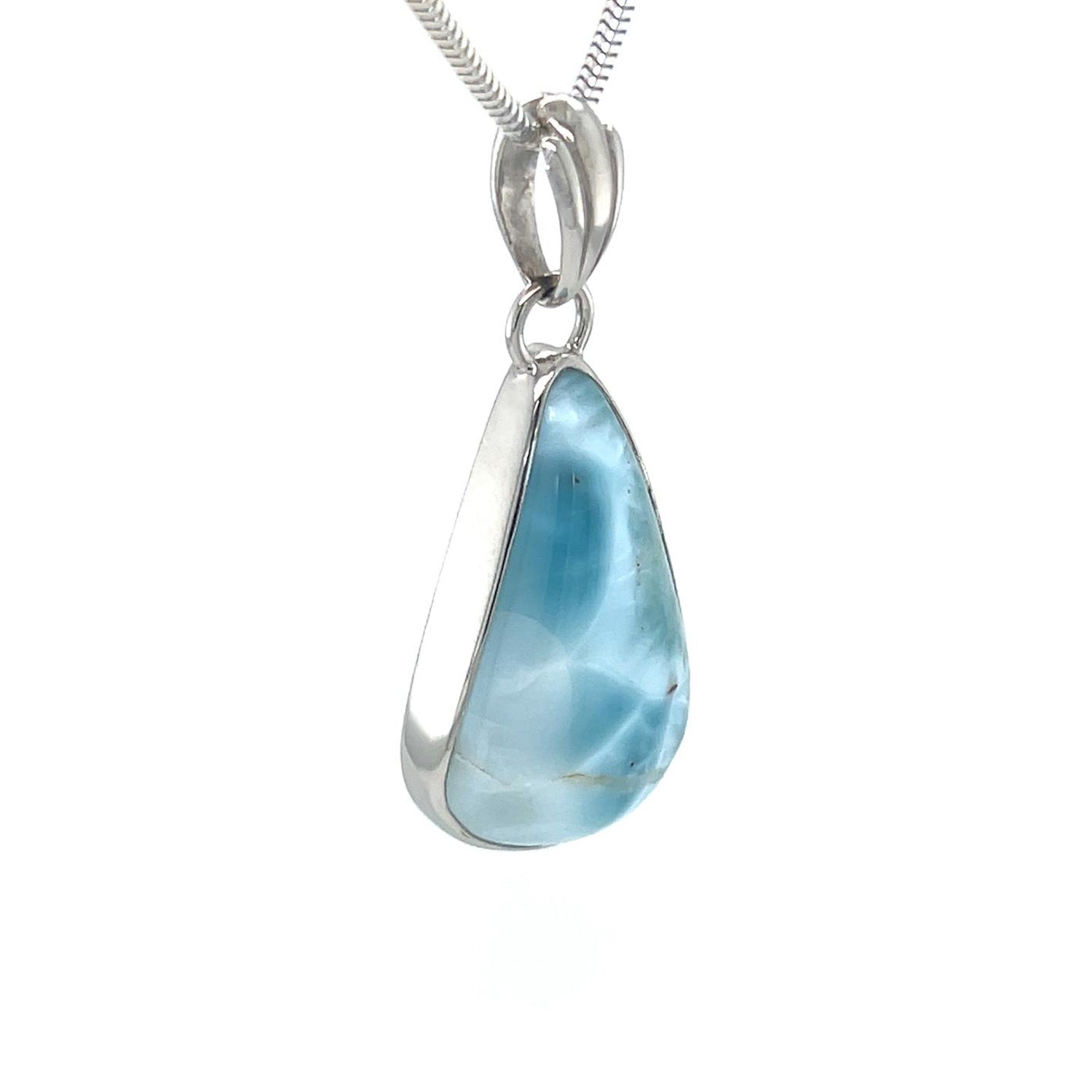 Natural Larimar pear shaped pendant in solid .925 sterling silver setting