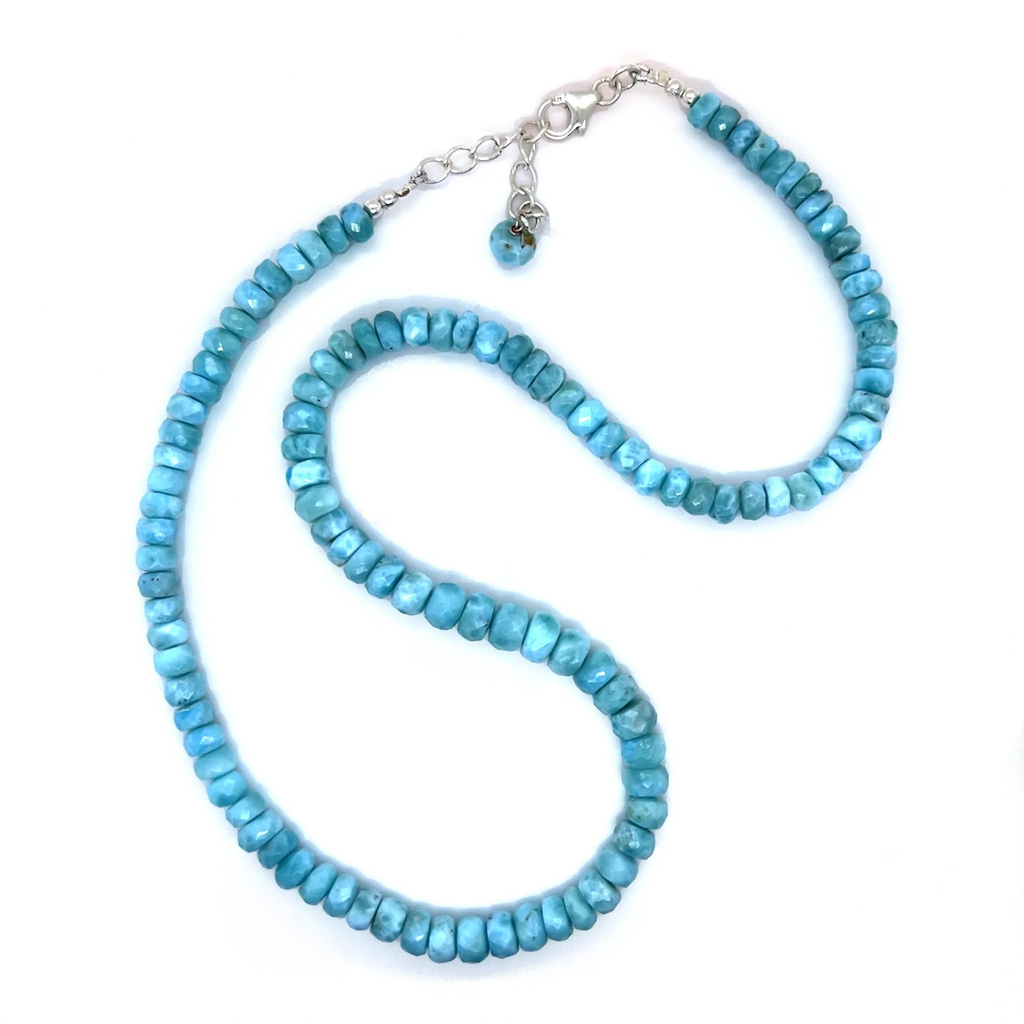 Larimar faceted rondelle bead necklace with ocean-blue natural gemstone beads
