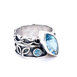 Blue Topaz Oxidised Silver Design Band Ring