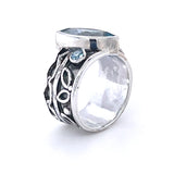 Blue Topaz Oxidised Silver Design Band Ring