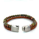 Unakite Bead Brown Leather Bracelet