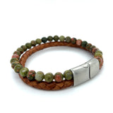 Unakite Bead Brown Leather Bracelet
