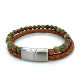 Unakite Bead Brown Leather Bracelet