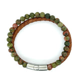 Unakite Bead Brown Leather Bracelet