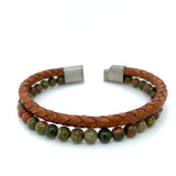 Unakite Bead Brown Leather Bracelet