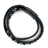 Obsidian Hematite Beads 2 Leather Strands Bracelet