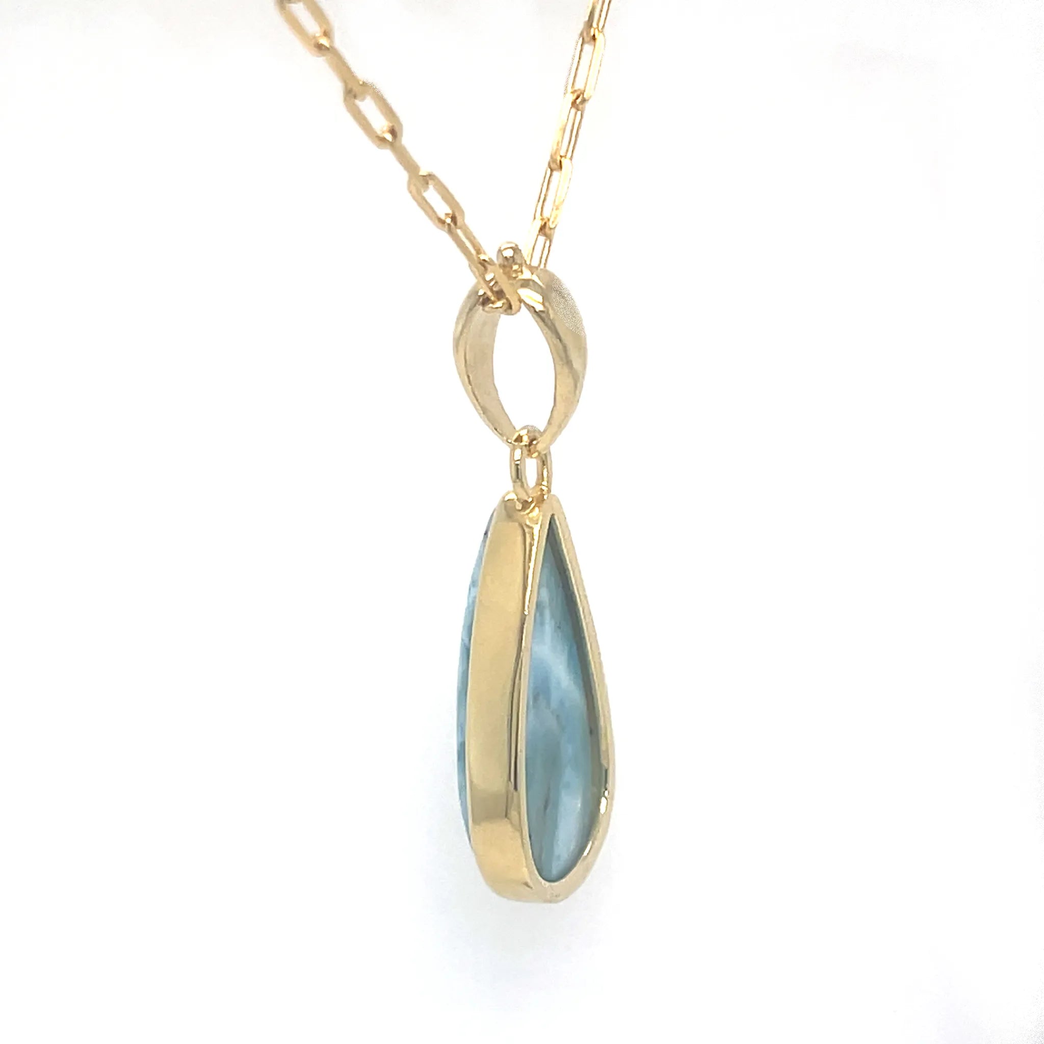 Side back view of genuine Larimar pendant in 18k gold plated silver 