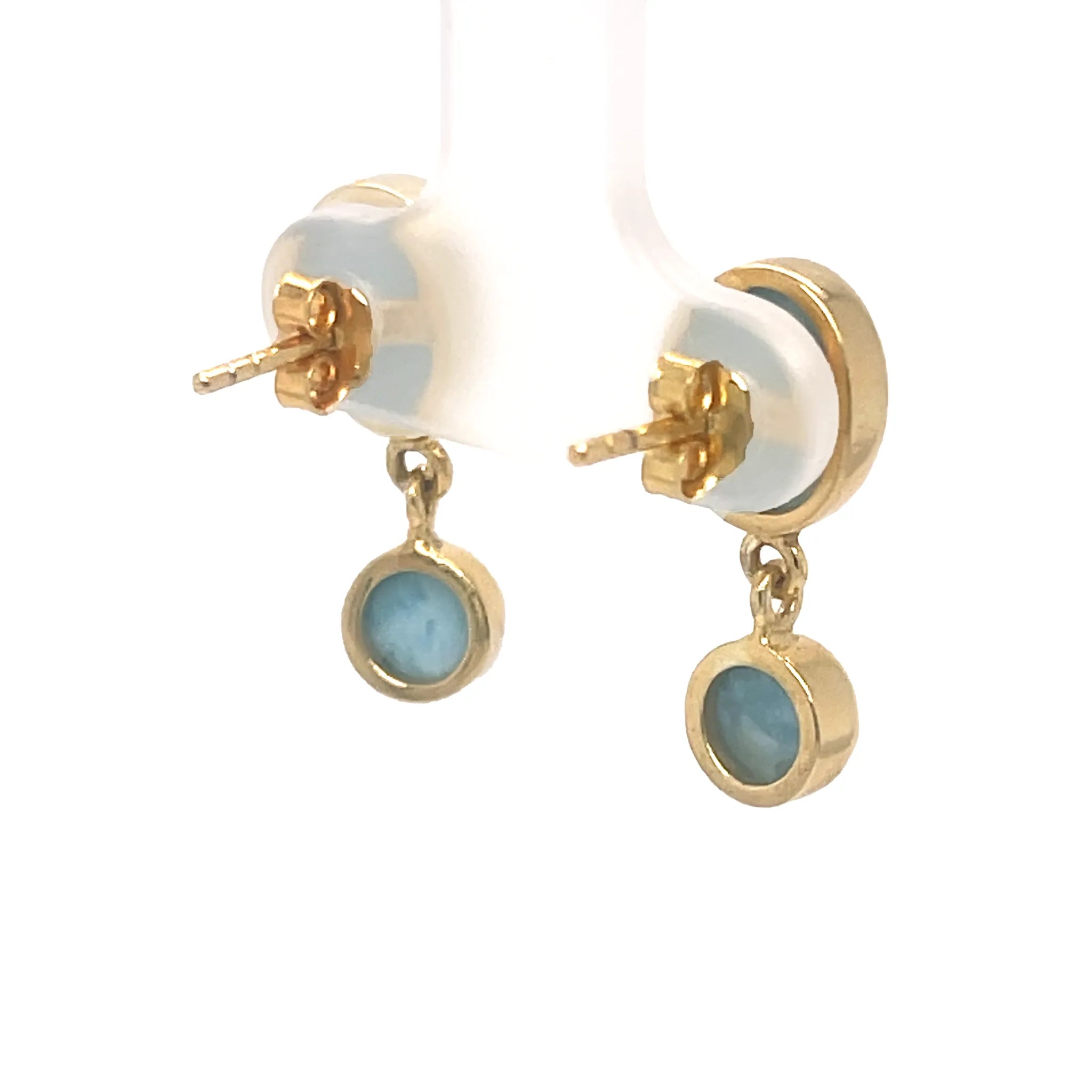 Back view of Larimar double stone earrings with gold plated post fittings