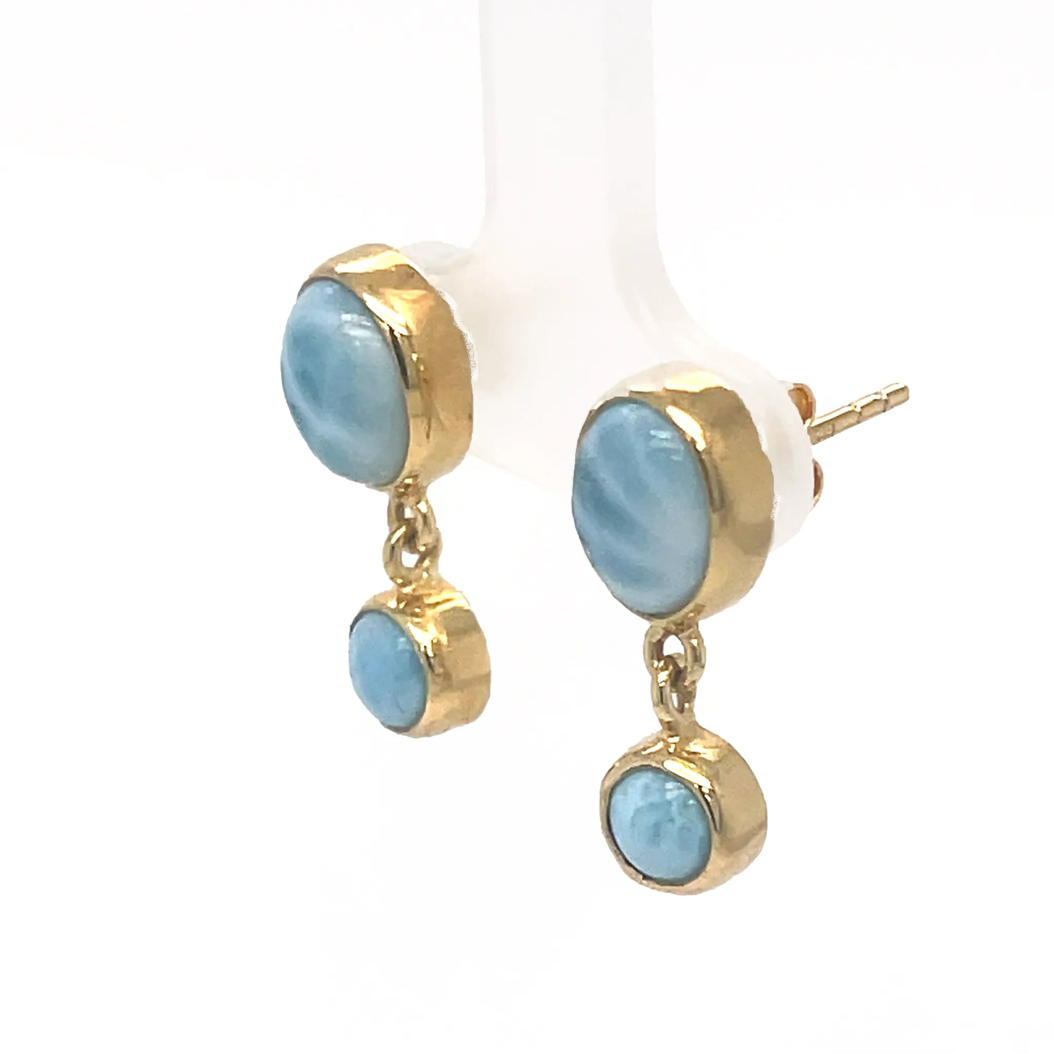 Natural Larimar double drop earrings with ocean-blue colour and gold setting