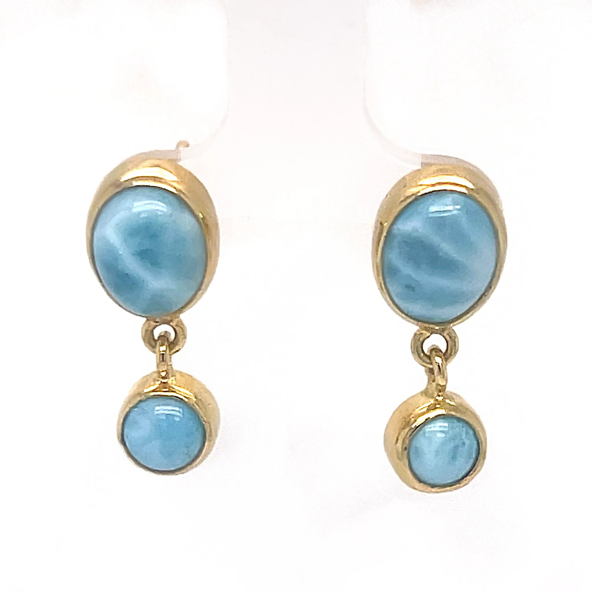 Larimar 18k gold plated double drop earrings with natural blue cabochons