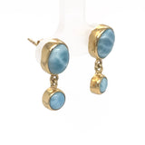 Gold plated Larimar earrings showing two natural blue gemstones