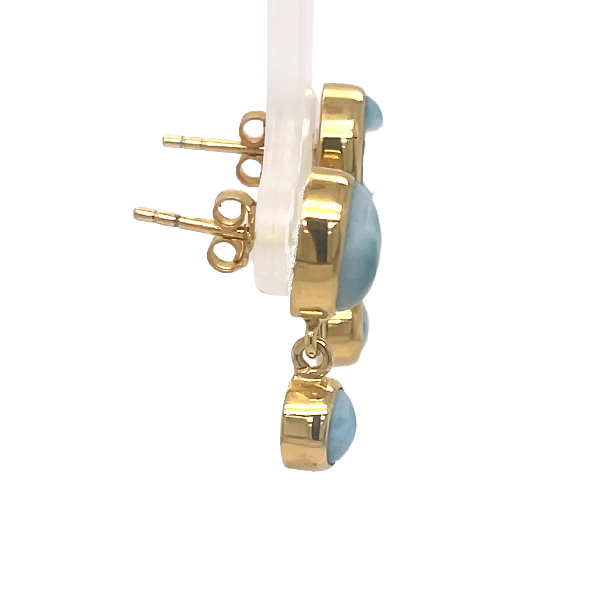 Side view of 18k gold plated Larimar earrings in sterling silver setting