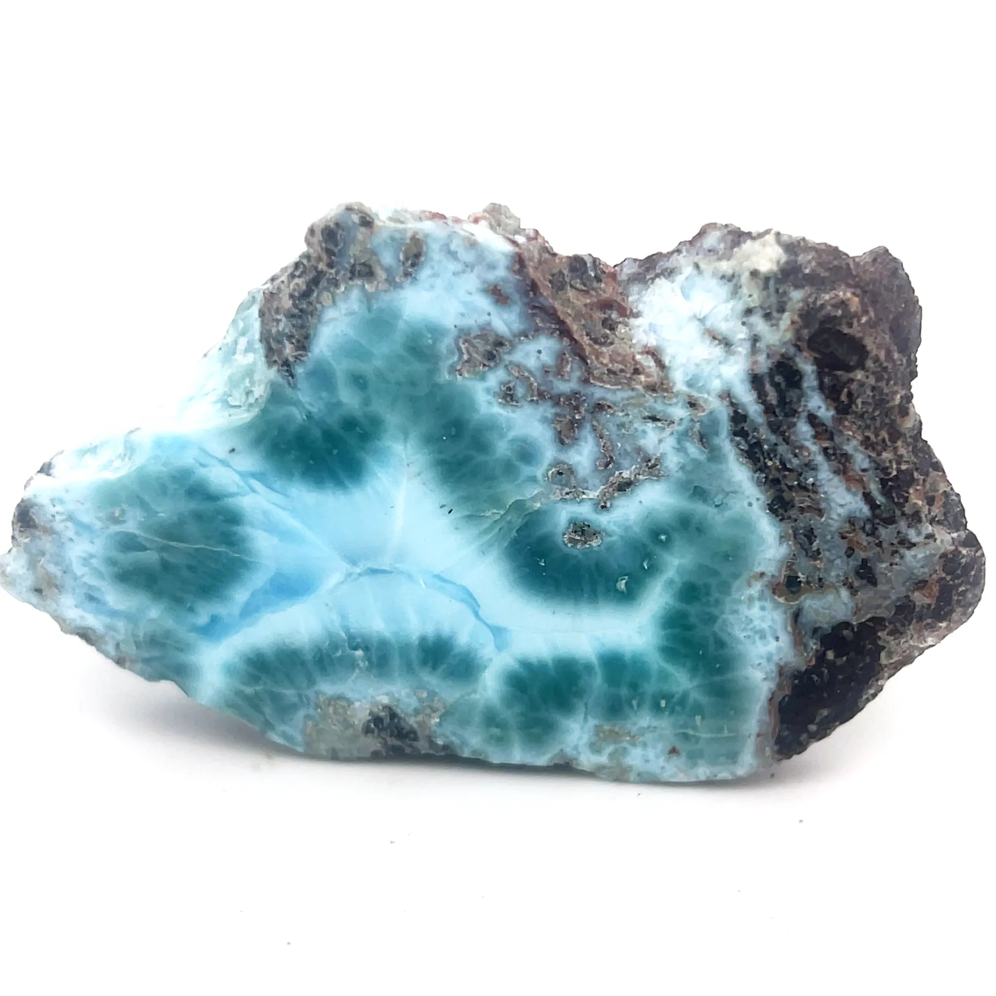 Natural Larimar specimen with ocean-blue orbicular patterning and volcanic matrix