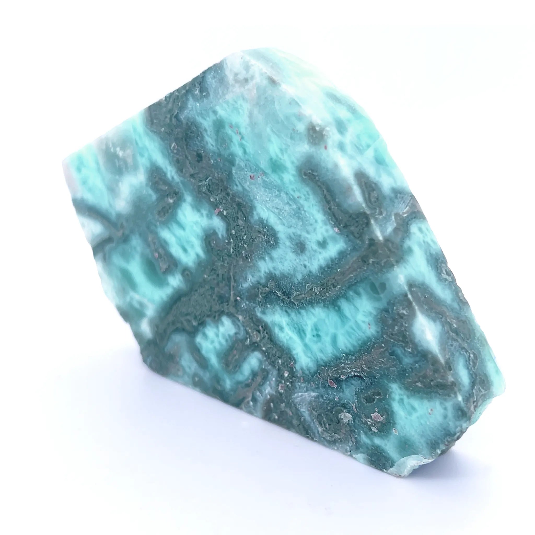 6.2cm polished Larimar collector specimen with blue Pectolite and rough edge