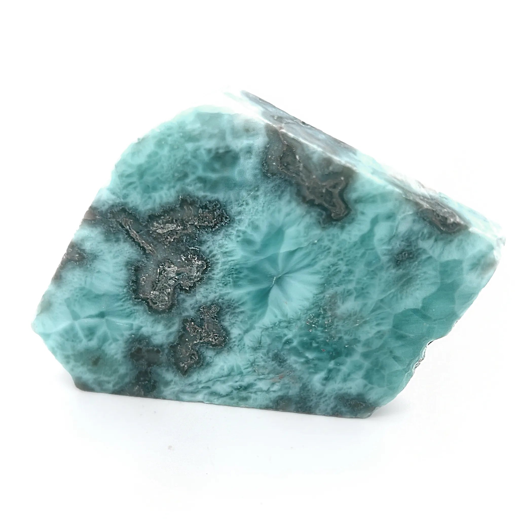 High grade Larimar polished slice with vivid aqua-blue colour and natural matrix