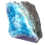 Side view of Natural Larimar specimen with Caribbean-blue colour and white cloud-like patterning
