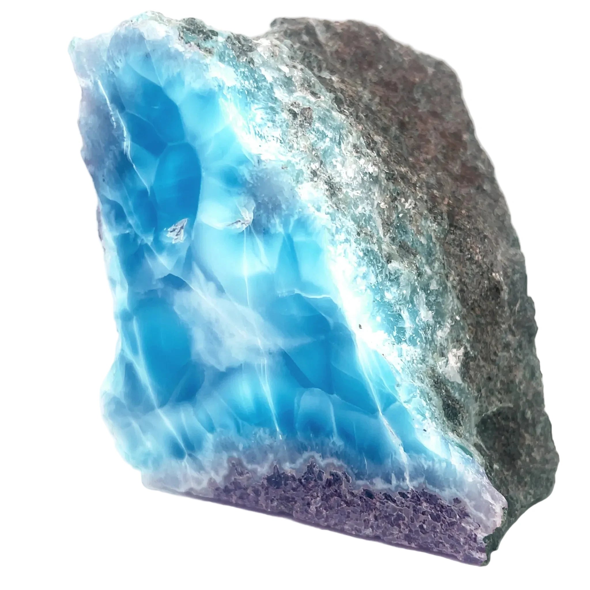 Side view of Natural Larimar specimen with Caribbean-blue colour and white cloud-like patterning