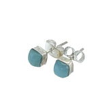 Larimar square stud earrings with natural blue gemstone cabochons