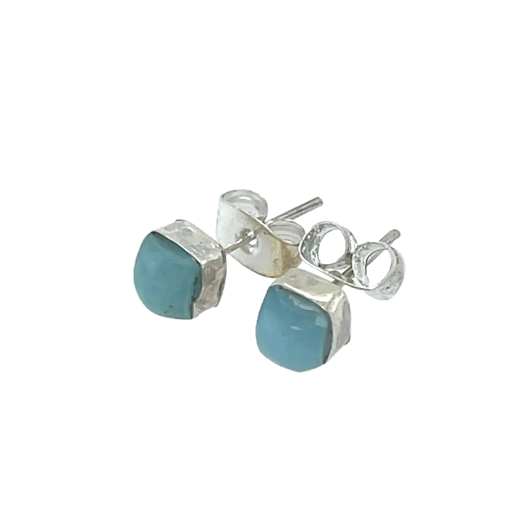Larimar square stud earrings with natural blue gemstone cabochons