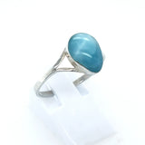 Larimar teardrop silver ring with ocean-blue natural gemstone
