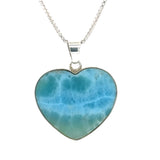 Larimar heart shaped pendant showing blue colour and white marbling