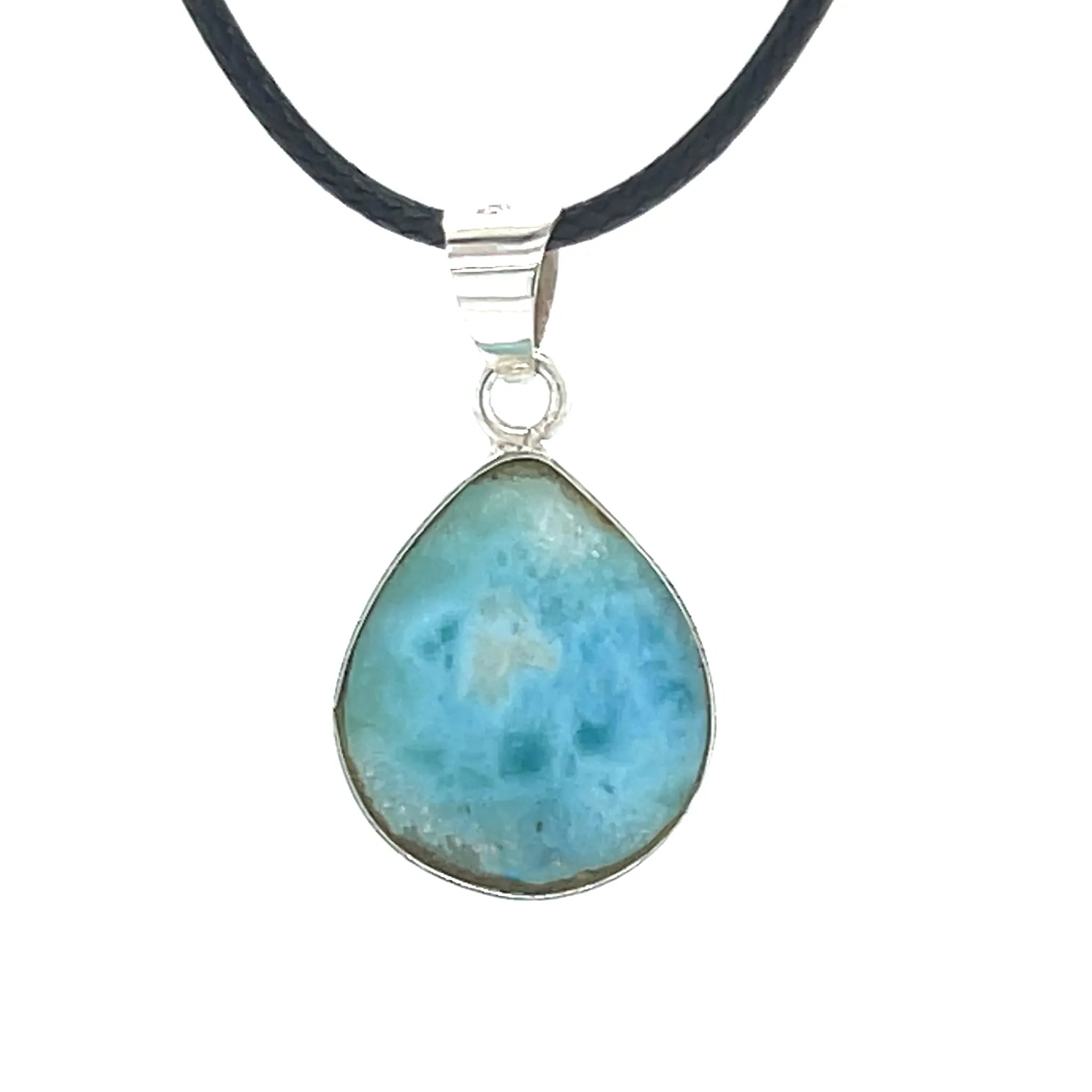 Larimar teardrop necklace with soft blue colour and natural white patterning