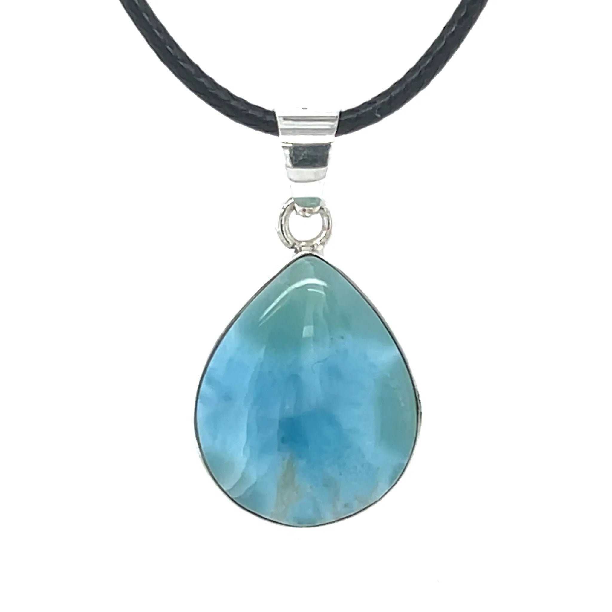 Genuine Larimar necklace showing ocean-blue colour and teardrop shape