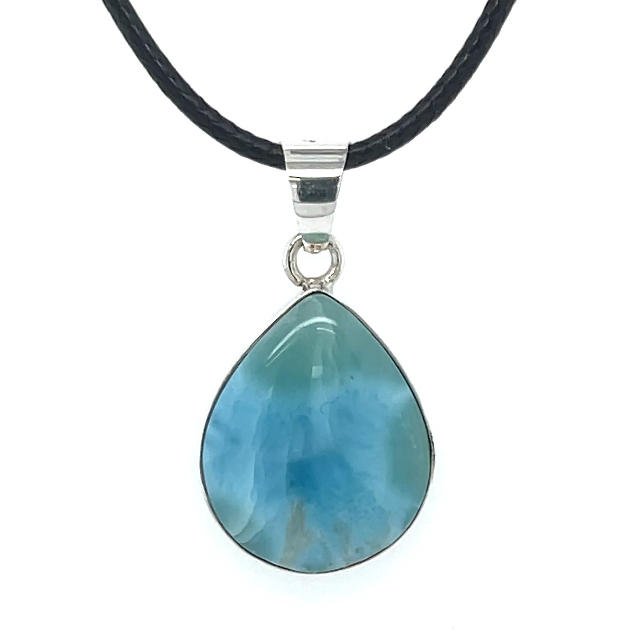 Larimar teardrop silver necklace with natural blue gemstone on black cord