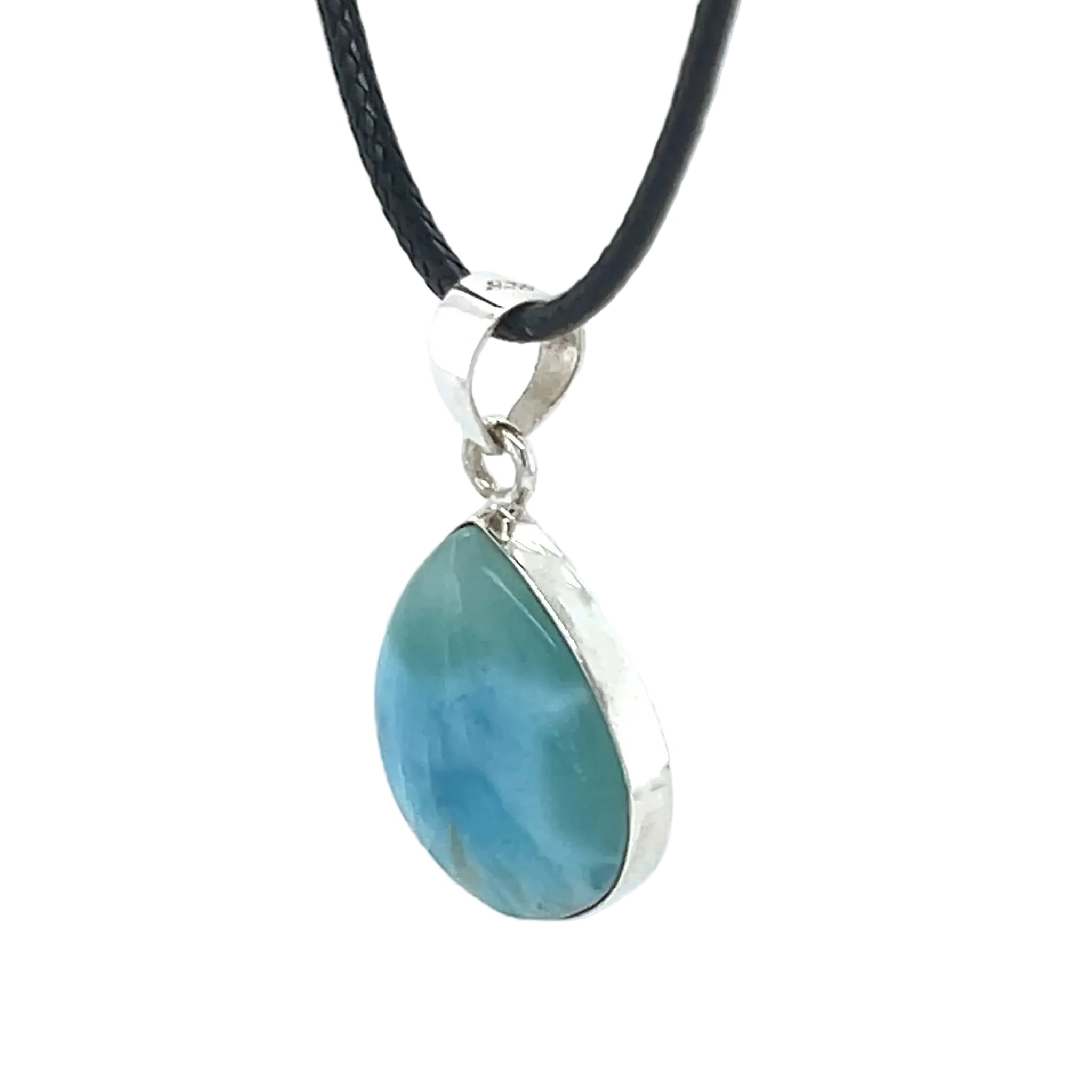 Natural Larimar teardrop pendant in sterling silver setting