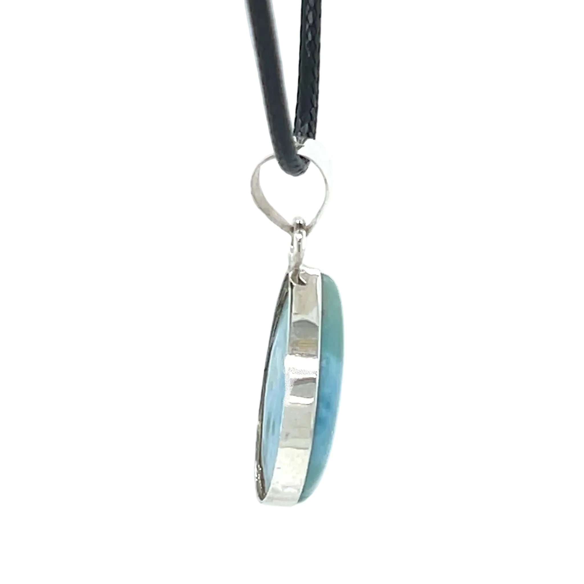 Side view of Larimar teardrop sterling silver pendant 