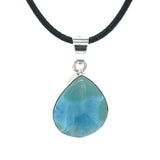 Close up of Dominican Republic Larimar pendant with sterling silver bail