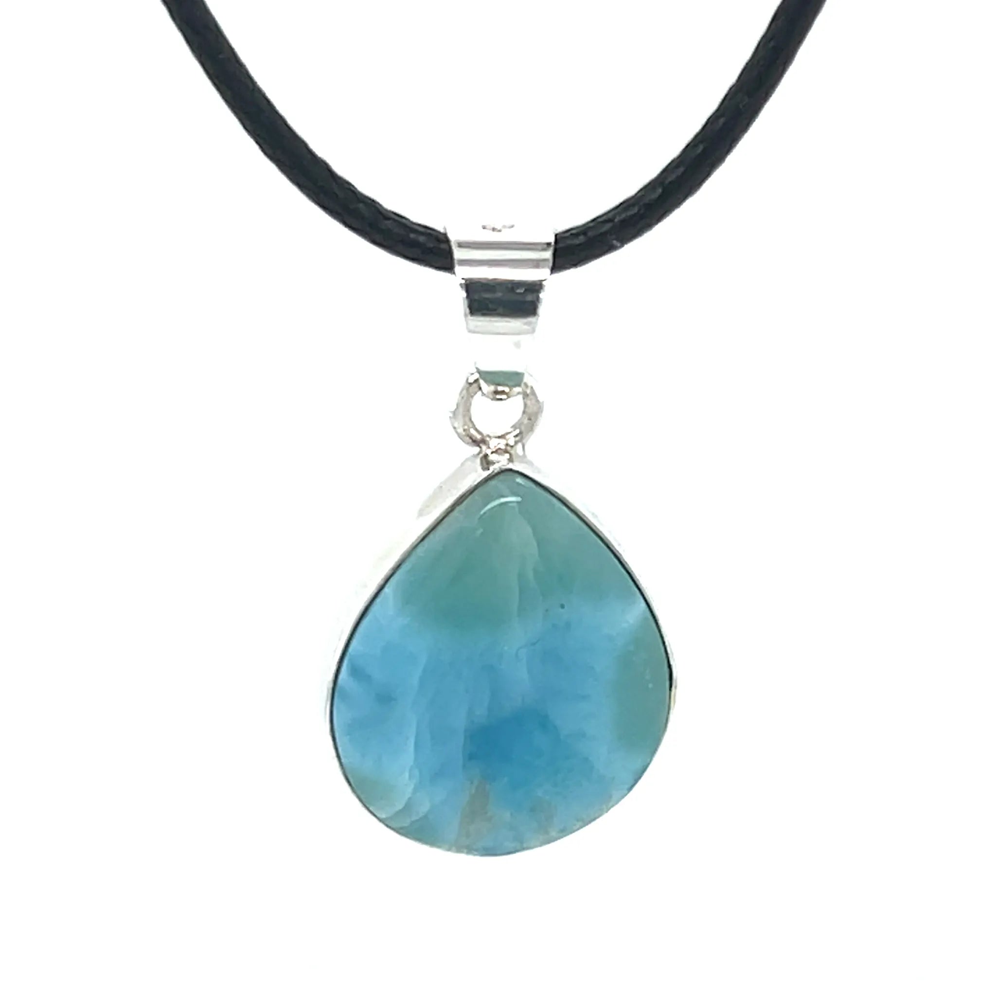 Close up of Dominican Republic Larimar pendant with sterling silver bail
