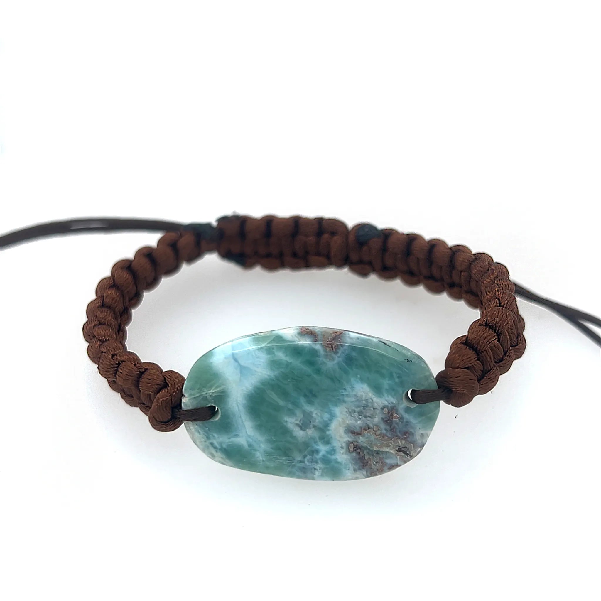 Larimar adjustable cord bracelet with natural blue gemstone centrepiece