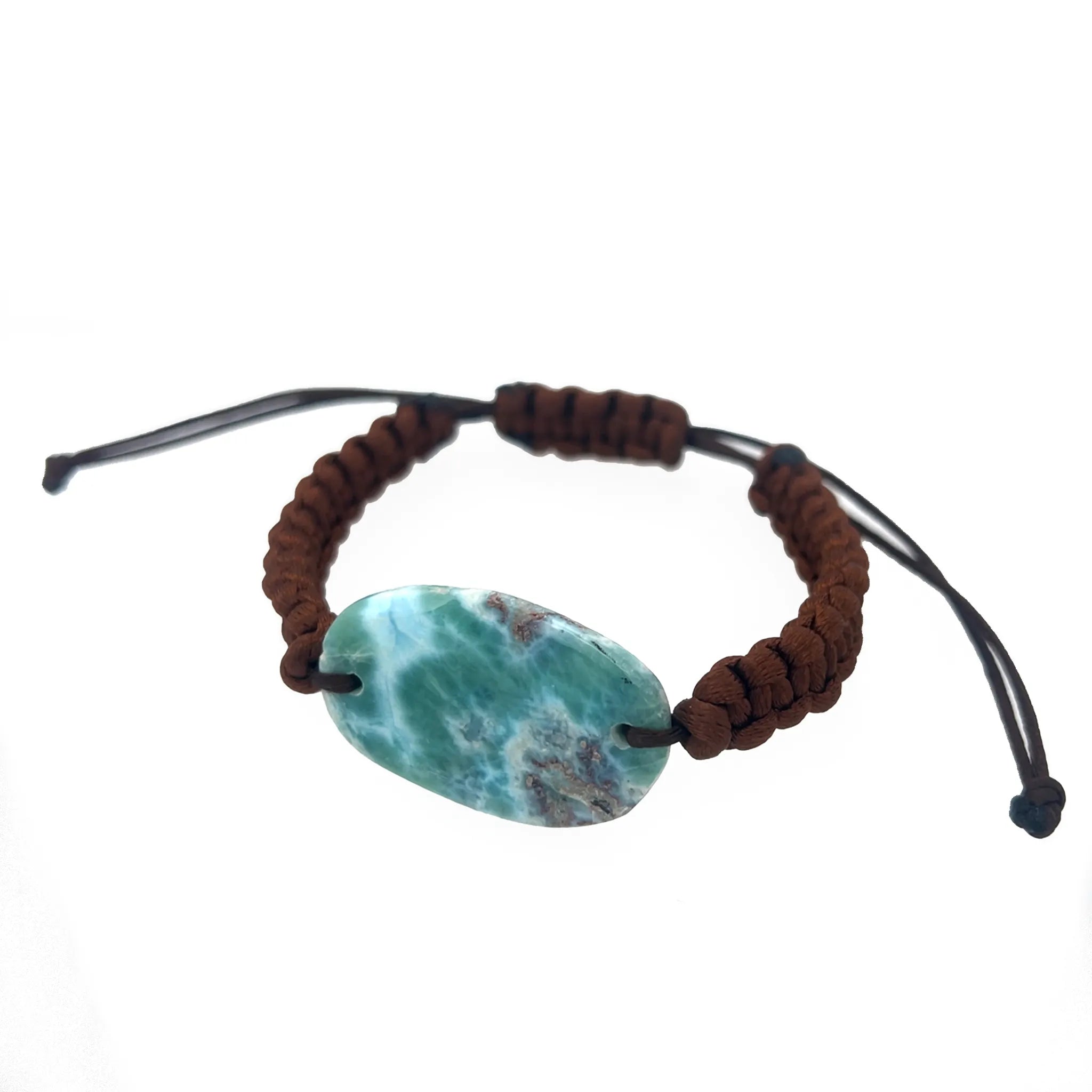 Natural Larimar bracelet with polished centrepiece and earthy cord design