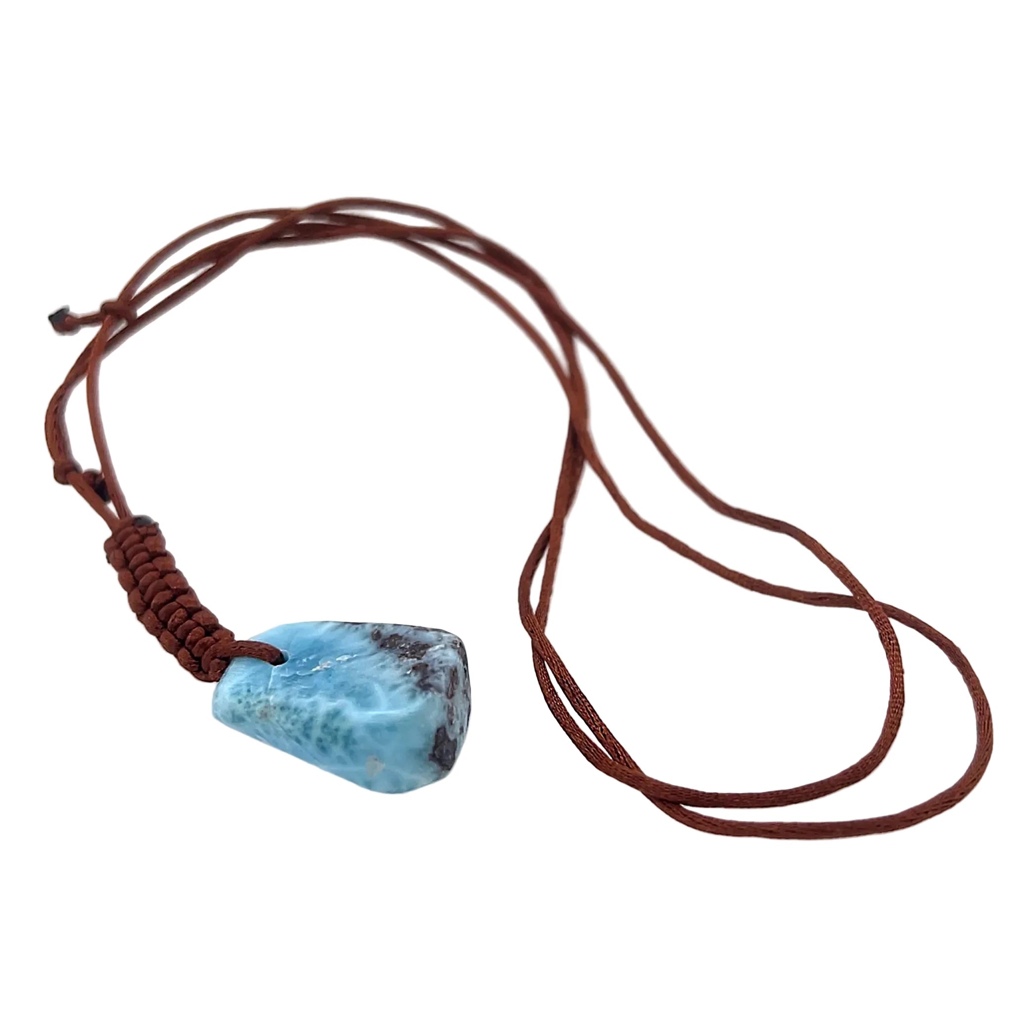 Natural Larimar pendant on adjustable brown cord necklace