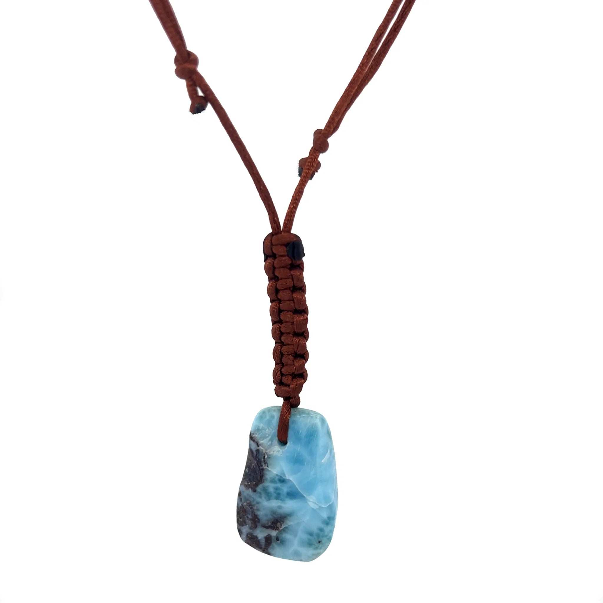 Larimar adjustable cord necklace with natural blue freeform gemstone pendant