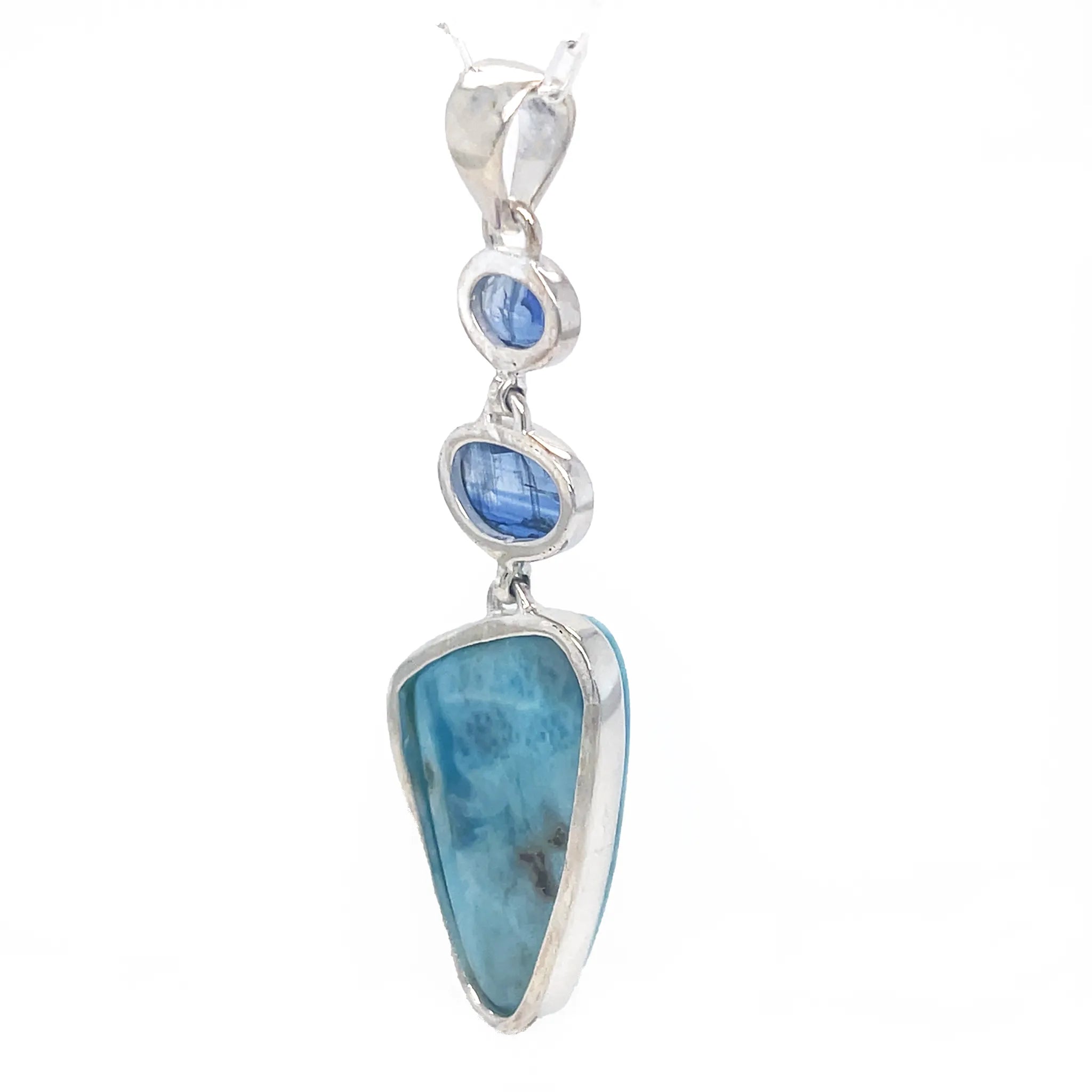 Natural Larimar and Blue Kyanite pendant showing blue gemstone contrast