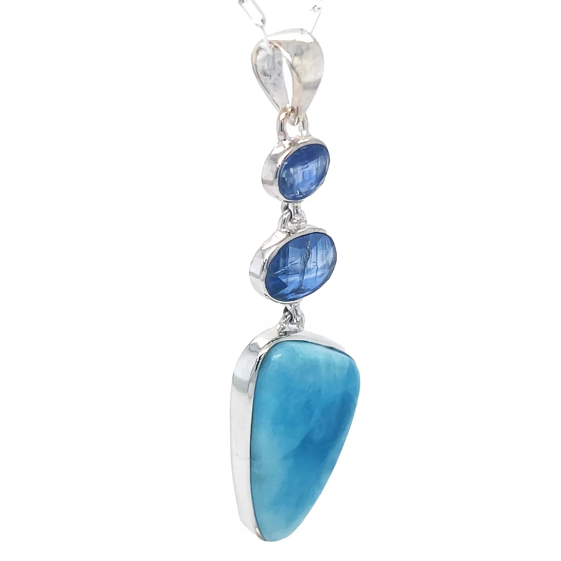 Sterling silver pendant with Larimar cabochon and faceted Blue Kyanite