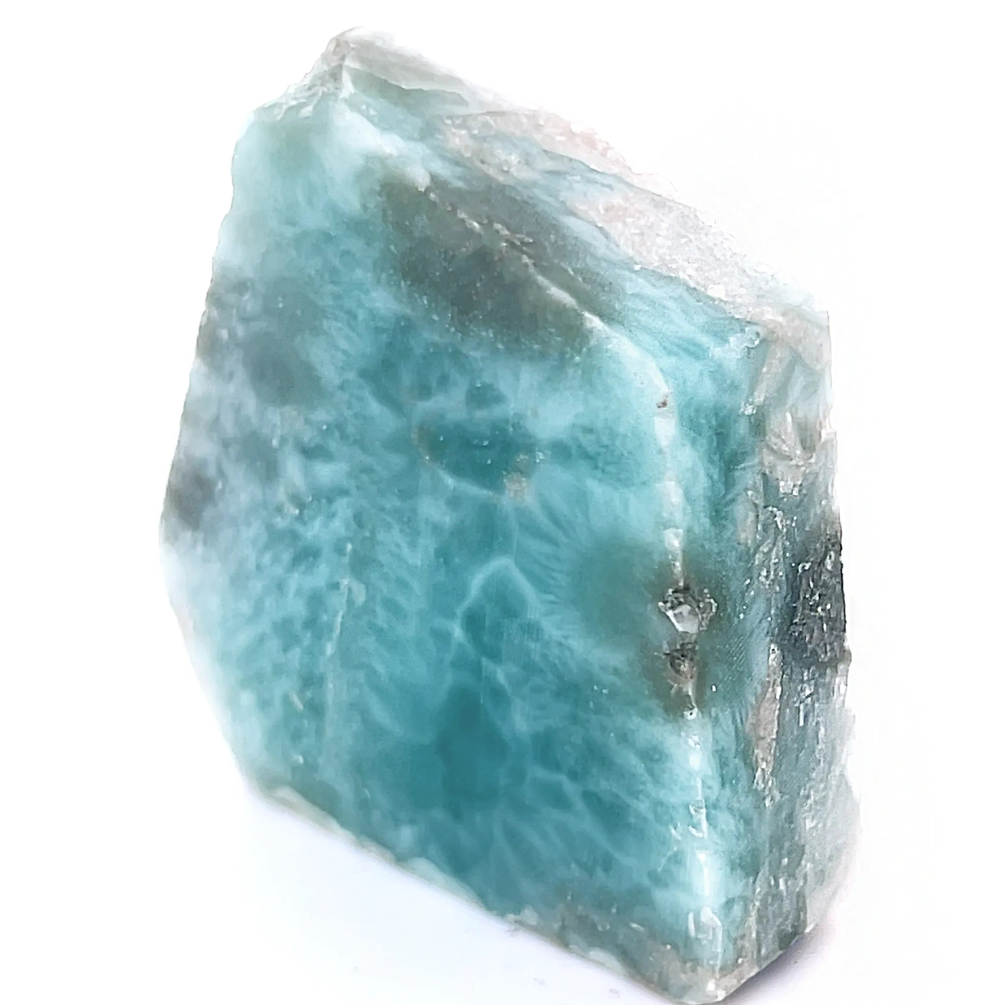 Genuine Larimar slab specimen with blue polished face and rough matrix edge