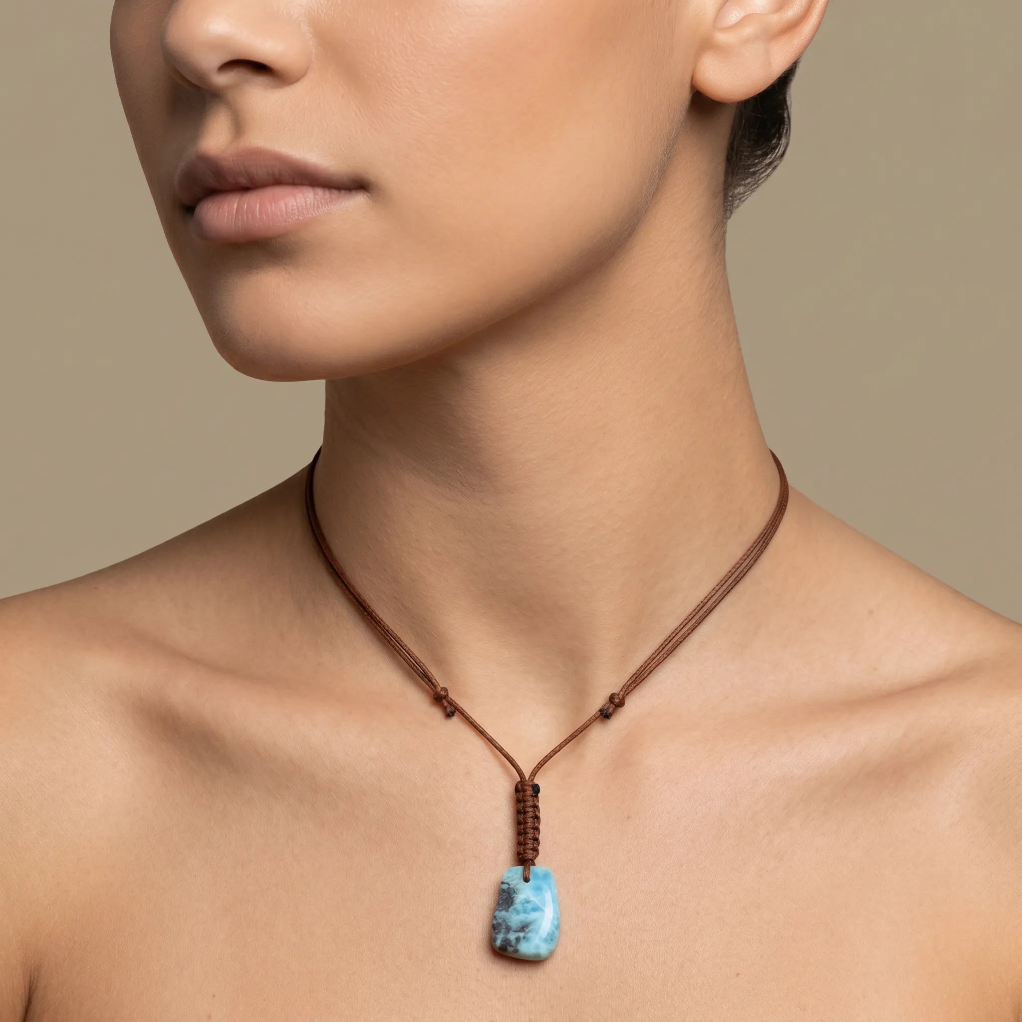 Larimar cord necklace worn on model showing adjustable everyday styling
