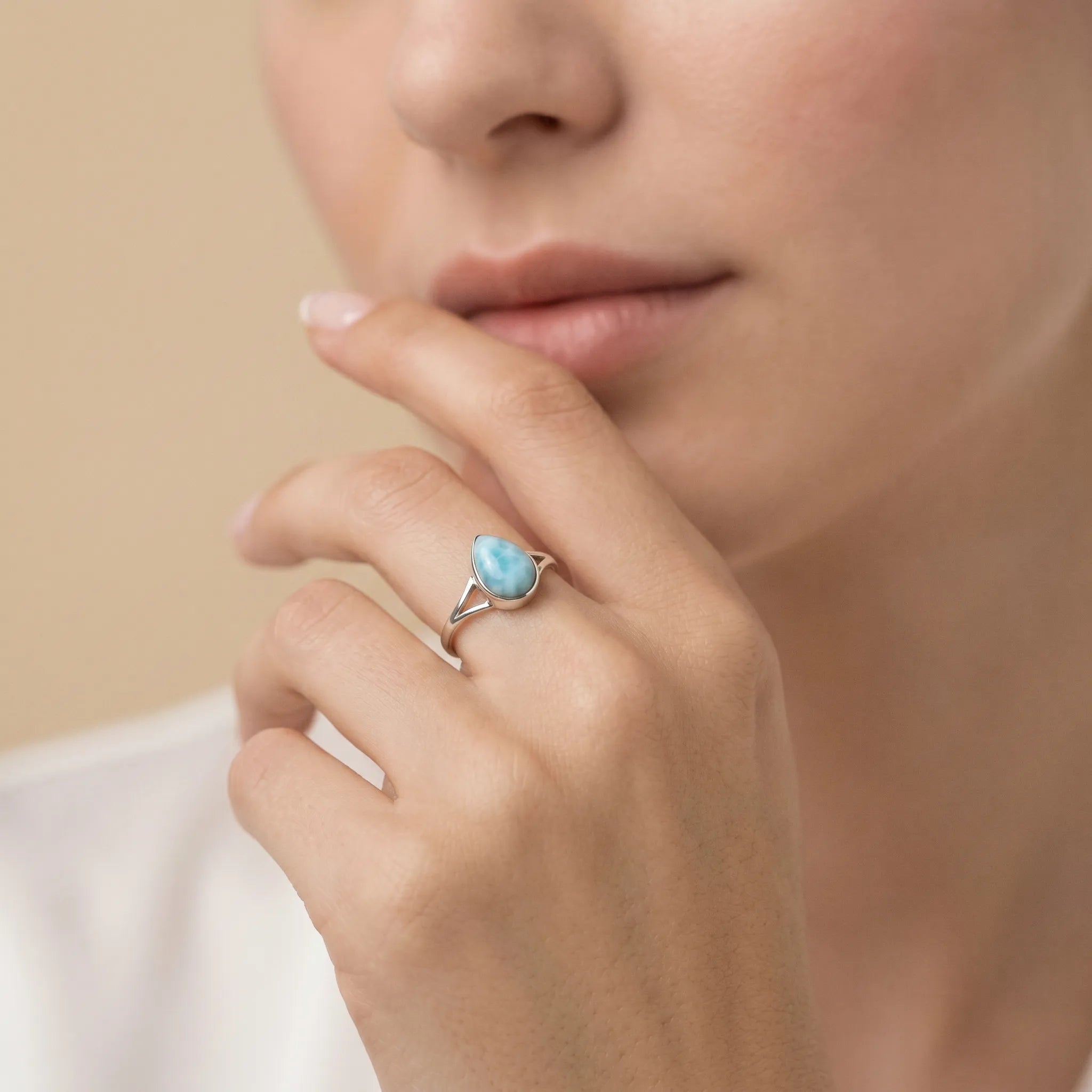 Larimar sterling silver ring worn on model for scale and styling